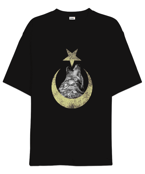 Tisho - Kurt ve Ay Yıldız Baskılı Oversize Unisex Tişört