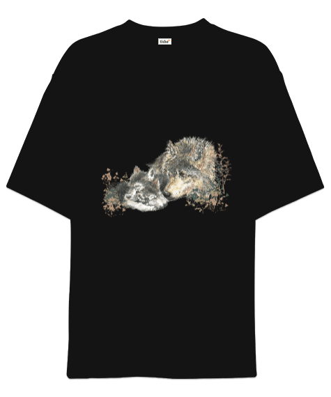 Tisho - Kurt ve yavrusu Tasarım Baskılı Siyah Oversize Unisex Tişört