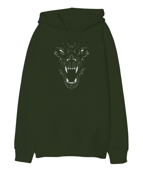 Tisho - Kurt Yüzü - Wolf Face Haki Yeşili Oversize Unisex Kapüşonlu Sweatshirt
