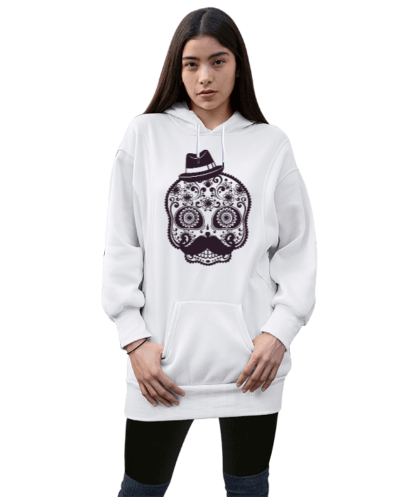 Tisho - Kuru Kafa Tasarımı Kadın Uzun Hoodie Kapüşonlu Sweatshirt