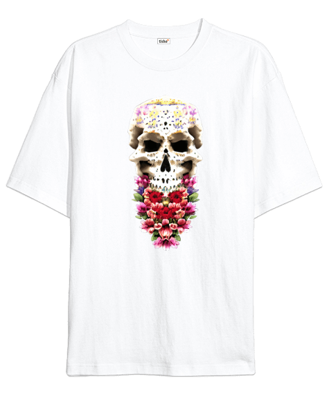Tisho - Kuru kafa ve çiçek Oversize Unisex Tişört