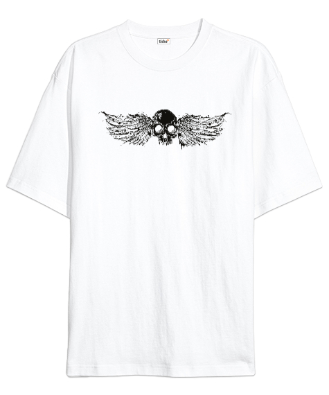 Tisho - Kuru Kafa ve Kanatlar - Skull Beyaz Oversize Unisex Tişört