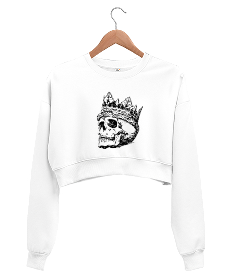 Tisho - Kurukafa baskılı Beyaz Kadın Crop Sweatshirt