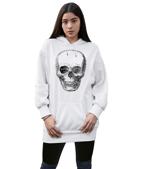 Tisho - Kurukafa Desenli Kadın Uzun Hoodie Kapüşonlu Sweatshirt