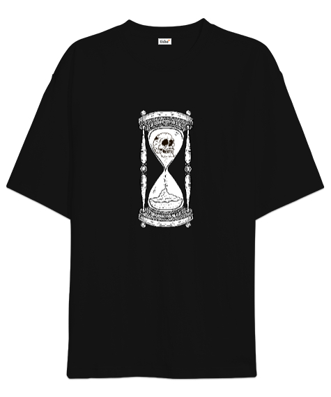 Tisho - Kurukafa Kum Saati - Zaman - Skull Siyah Oversize Unisex Tişört