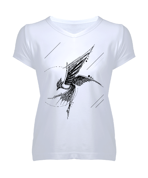 Tisho - Kuş Çizim Kadın V Yaka Tişört