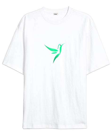 Tisho - Kus Desenli Beyaz Oversize Unisex Tişört
