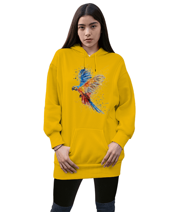 Tisho - Kuş Kadın Uzun Hoodie Kapüşonlu Sweatshirt