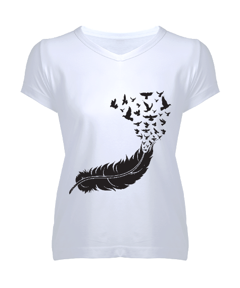 Tisho - Kuş Tüyü Desenli Kadın V Yaka Tişört