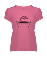 Küvetteki Balık - Fish Pembe Kadın V Yaka Tişört - Tisho