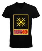 Kuzey Makedonya,Makedonya,Makedonya Bayrağı,Makedonya logosu,Macedonia flag. Siyah Erkek Kısa Kol V Yaka Tişört - Tisho