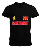Kuzey Makedonya,Makedonya,Makedonya Bayrağı,Makedonya logosu,Macedonia flag. Siyah Erkek Kısa Kol V Yaka Tişört - Tisho