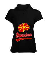 Kuzey Makedonya,Makedonya,Makedonya Bayrağı,Makedonya logosu,Macedonia flag. Siyah Kadın Polo Yaka Tişört - Tisho