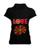 Kuzey Makedonya,Makedonya,Makedonya Bayrağı,Makedonya logosu,Macedonia flag. Siyah Kadın Polo Yaka Tişört - Tisho