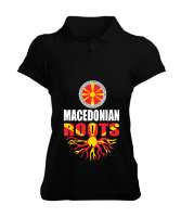 Kuzey Makedonya,Makedonya,Makedonya Bayrağı,Makedonya logosu,Macedonia flag. Siyah Kadın Polo Yaka Tişört - Tisho