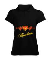 Kuzey Makedonya,Makedonya,Makedonya Bayrağı,Makedonya logosu,Macedonia flag. Siyah Kadın Polo Yaka Tişört - Tisho