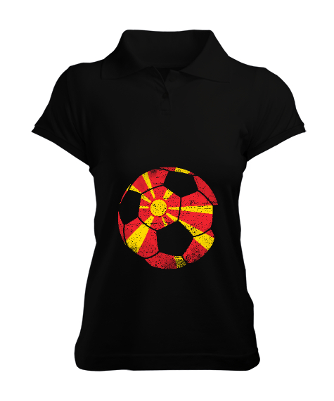 Kuzey Makedonya,Makedonya,Makedonya Bayrağı,Makedonya logosu,Macedonia flag. Siyah Kadın Polo Yaka Tişört - Tisho