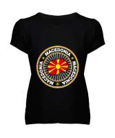 Kuzey Makedonya,Makedonya,Makedonya Bayrağı,Makedonya logosu,Macedonia flag. Siyah Kadın V Yaka Tişört - Tisho
