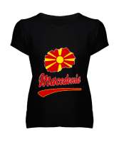 Kuzey Makedonya,Makedonya,Makedonya Bayrağı,Makedonya logosu,Macedonia flag. Siyah Kadın V Yaka Tişört - Tisho