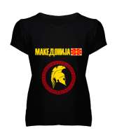 Kuzey Makedonya,Makedonya,Makedonya Bayrağı,Makedonya logosu,Macedonia flag. Siyah Kadın V Yaka Tişört - Tisho