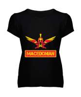 Kuzey Makedonya,Makedonya,Makedonya Bayrağı,Makedonya logosu,Macedonia flag. Siyah Kadın V Yaka Tişört - Tisho