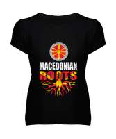Kuzey Makedonya,Makedonya,Makedonya Bayrağı,Makedonya logosu,Macedonia flag. Siyah Kadın V Yaka Tişört - Tisho