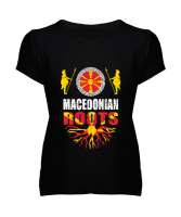 Kuzey Makedonya,Makedonya,Makedonya Bayrağı,Makedonya logosu,Macedonia flag. Siyah Kadın V Yaka Tişört - Tisho