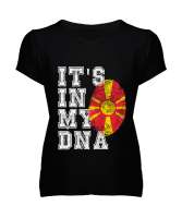 Kuzey Makedonya,Makedonya,Makedonya Bayrağı,Makedonya logosu,Macedonia flag. Siyah Kadın V Yaka Tişört - Tisho