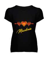 Kuzey Makedonya,Makedonya,Makedonya Bayrağı,Makedonya logosu,Macedonia flag. Siyah Kadın V Yaka Tişört - Tisho