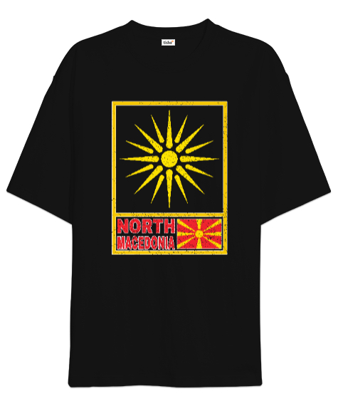 Kuzey Makedonya,Makedonya,Makedonya Bayrağı,Makedonya logosu,Macedonia flag. Siyah Oversize Unisex Tişört - Tisho
