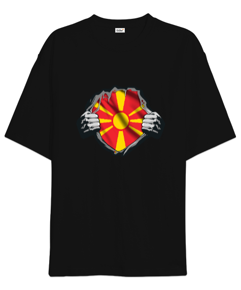 Kuzey Makedonya,Makedonya,Makedonya Bayrağı,Makedonya logosu,Macedonia flag. Siyah Oversize Unisex Tişört - Tisho