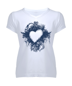 LACİVERT KALP Kadın V Yaka Tişört - Tisho