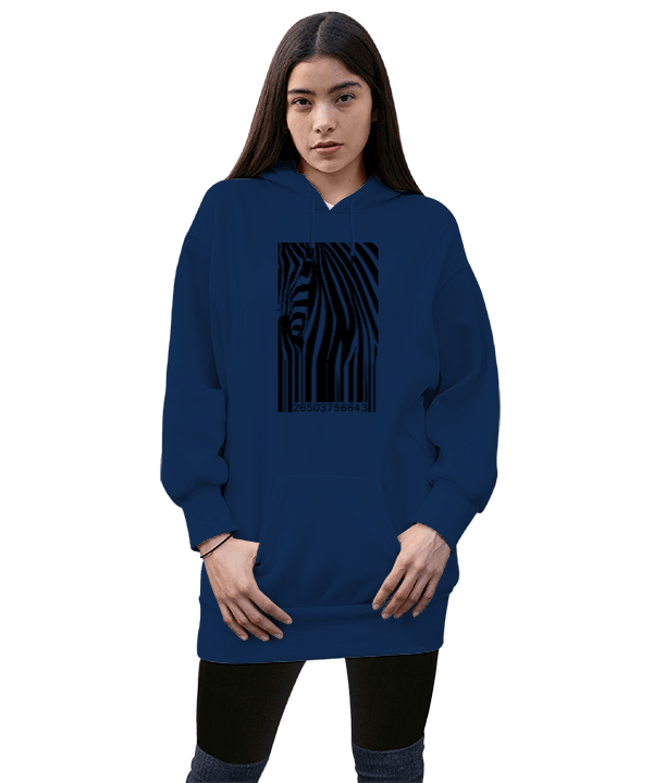 Tisho - Lacivert zebra Kadın Uzun Hoodie Kapüşonlu Sweatshirt