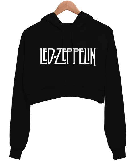 Tisho - Led Zeppelin 19070s Rock Metal Baskılı Siyah Kadın Crop Hoodie Kapüşonlu Sweatshirt