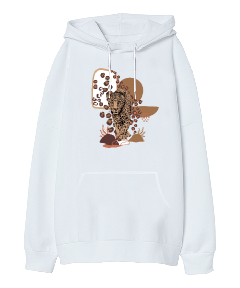 Tisho - Leopar Dİzayn Beyaz Oversize Unisex Kapüşonlu Sweatshirt