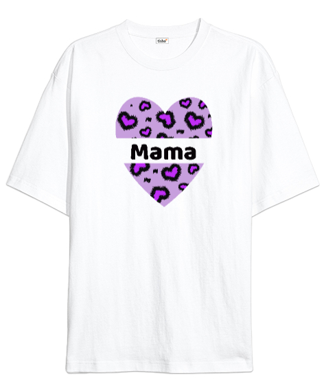 Tisho - Leopar Kalp Desenli Mama Baskılı Beyaz Oversize Unisex Tişört