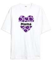  Leopar Kalp Desenli Mama Baskılı Beyaz Oversize Unisex Tişört - Tisho