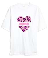 Leopar Kalp Desenli Mama Baskılı Beyaz Oversize Unisex Tişört - Tisho