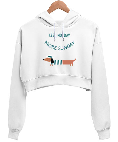 Tisho - Less Monday More Sunday Beyaz Kadın Crop Hoodie Kapüşonlu Sweatshirt