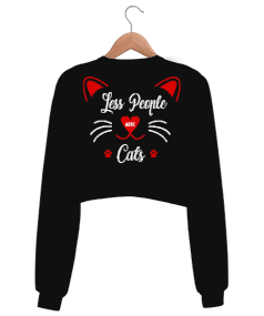 Less People More Cats Black Kadın Crop Sweatshirt - Thumbnail