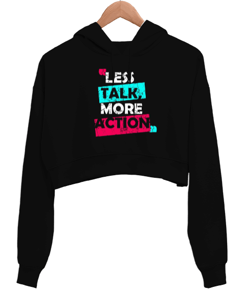Tisho - Less Talk Tasarımlı Spor Kadın Crop Hoodie Kapüşonlu Sweatshirt