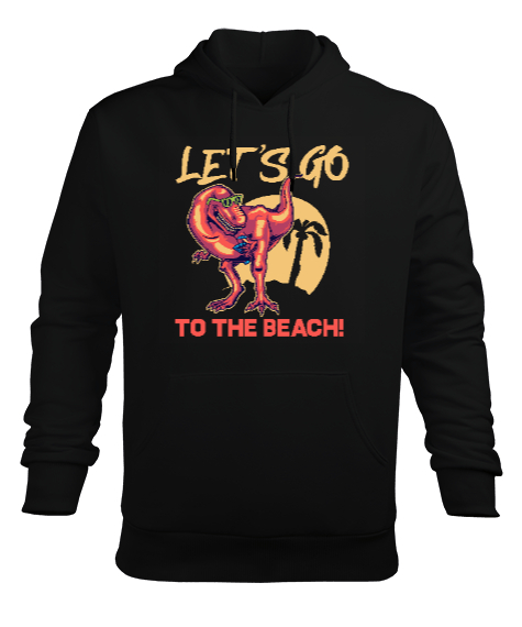 Tisho - Lets Go To The Beach T-Rex Baskılı Siyah Erkek Kapüşonlu Hoodie Sweatshirt