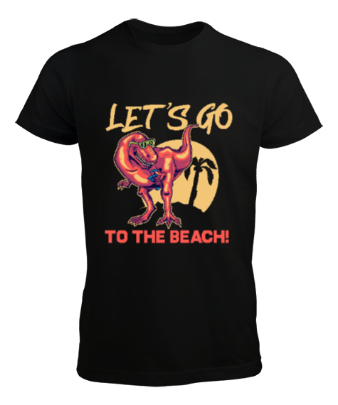 Tisho - Lets Go To The Beach T-Rex Baskılı Siyah Erkek Tişört