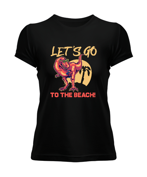 Tisho - Lets Go To The Beach T-Rex Baskılı Siyah Kadın Tişört