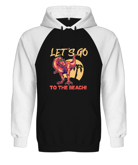 Tisho - Lets Go To The Beach T-Rex Baskılı Siyah/Beyaz Orjinal Reglan Hoodie Unisex Sweatshirt