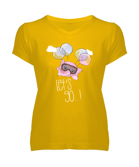 Tisho - Lets Go - Uçan Fil Sarı Kadın V Yaka Tişört