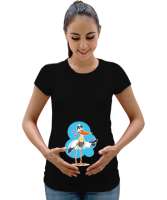 Leylek Bebek Getiriyor V2 Siyah Kadın Hamile Tişört - Tisho