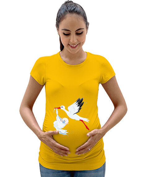 Tisho - Leylek ve Bebek Sarı Kadın Hamile Tişört