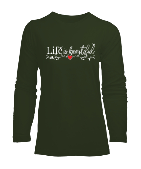 Tisho - Life Is Beautiful - Hayat Güzeldir Haki Yeşili Kadın Uzun Kol Tişört