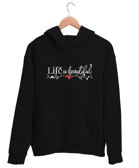 Tisho - Life Is Beautiful - Hayat Güzeldir Siyah Unisex Kapşonlu Sweatshirt